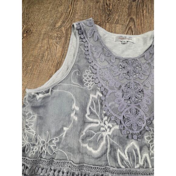 Simply Couture Gray/Blue Floral Lace Sleeveless Tank Top Flowy Shirt XL - Picture 2 of 7